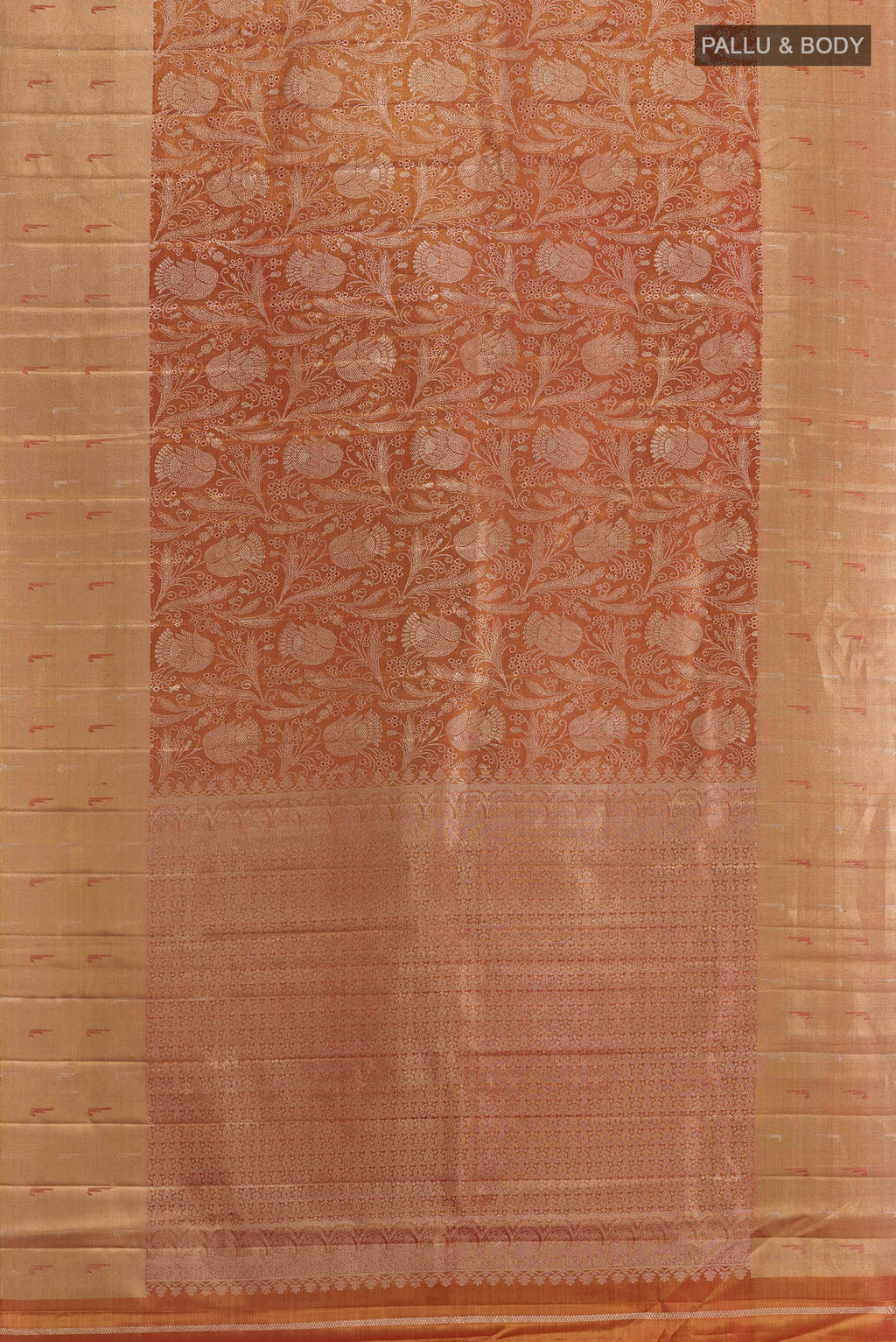 Flat view of Rust Kanjivaram Tissue Silk Saree with Zari Brocade on the body and Zari Border. 
