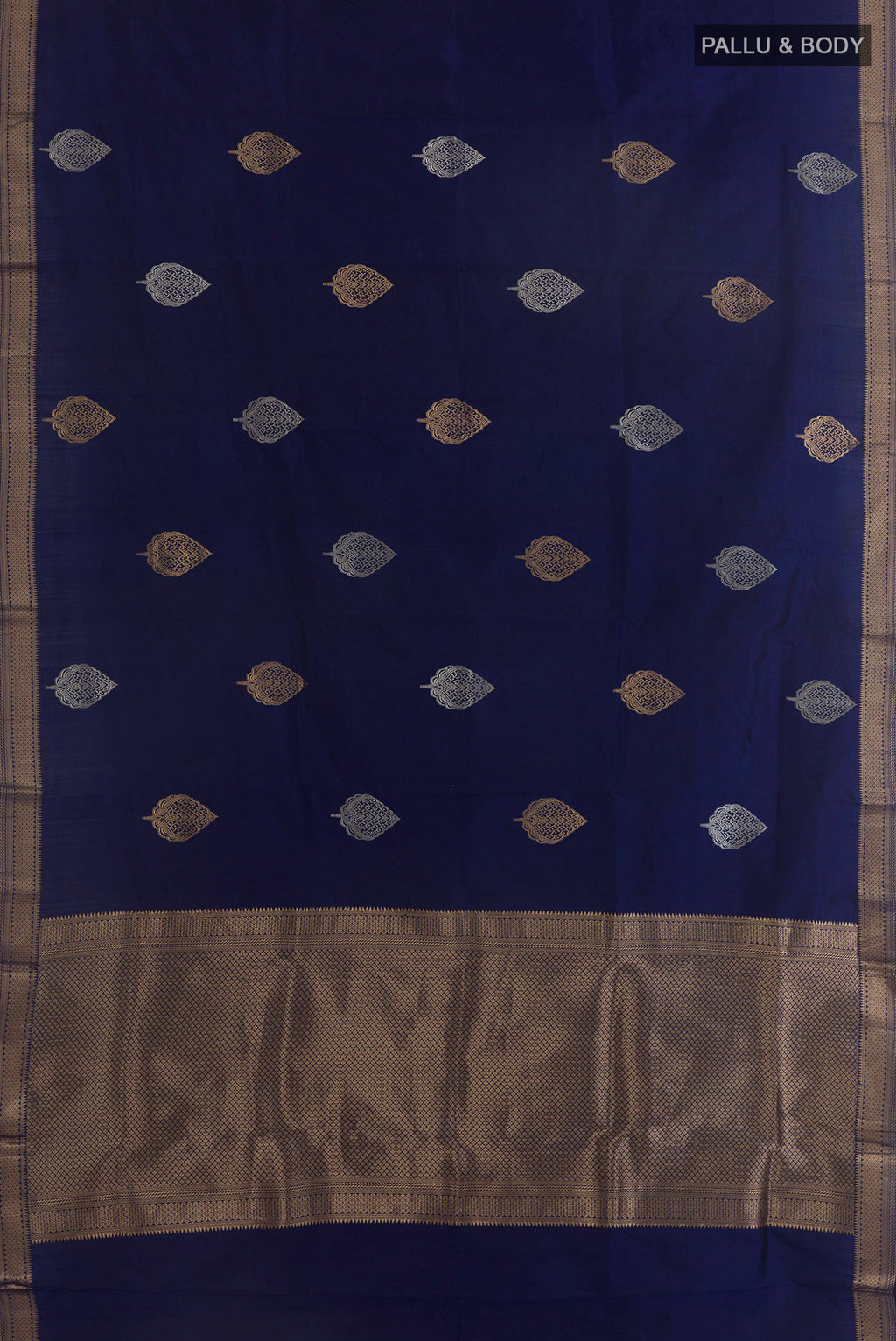 Flat view of Pure Silk Navy Blue Banarasi Katan Saree with Zari Butta on the body and Zari Border. 
