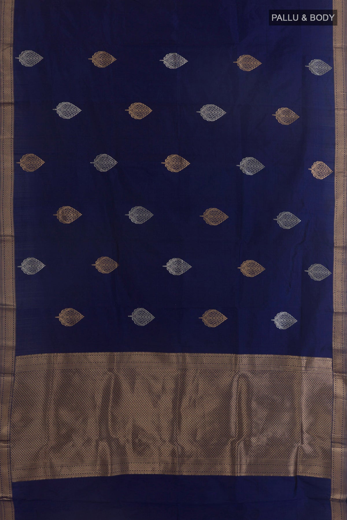 Flat view of Pure Silk Navy Blue Banarasi Katan Saree with Zari Butta on the body and Zari Border. 