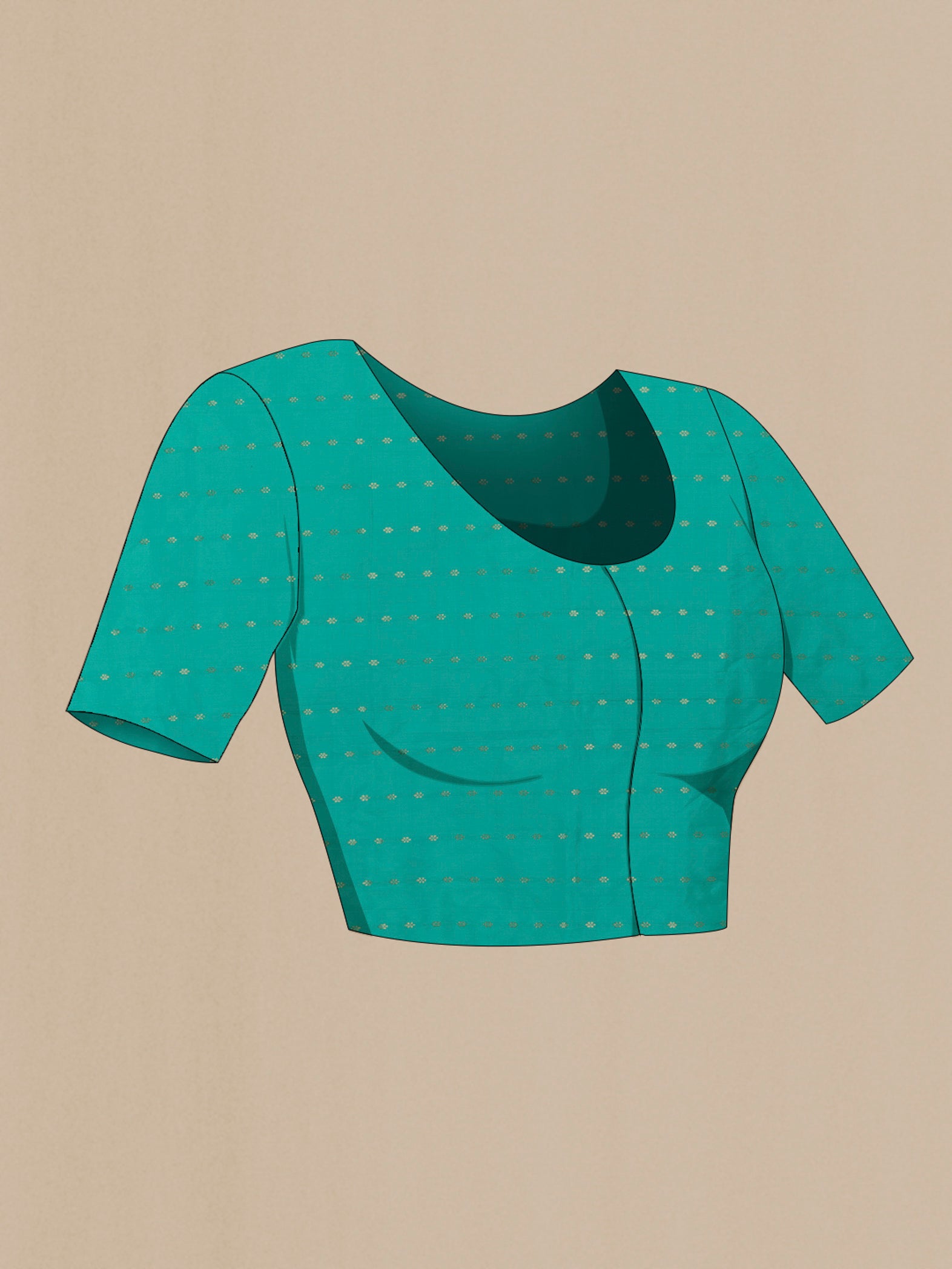 Close up image of the blouse of Turquoise Banarasi Katan Silk Saree with Zari Butta on the body and Without Border. 