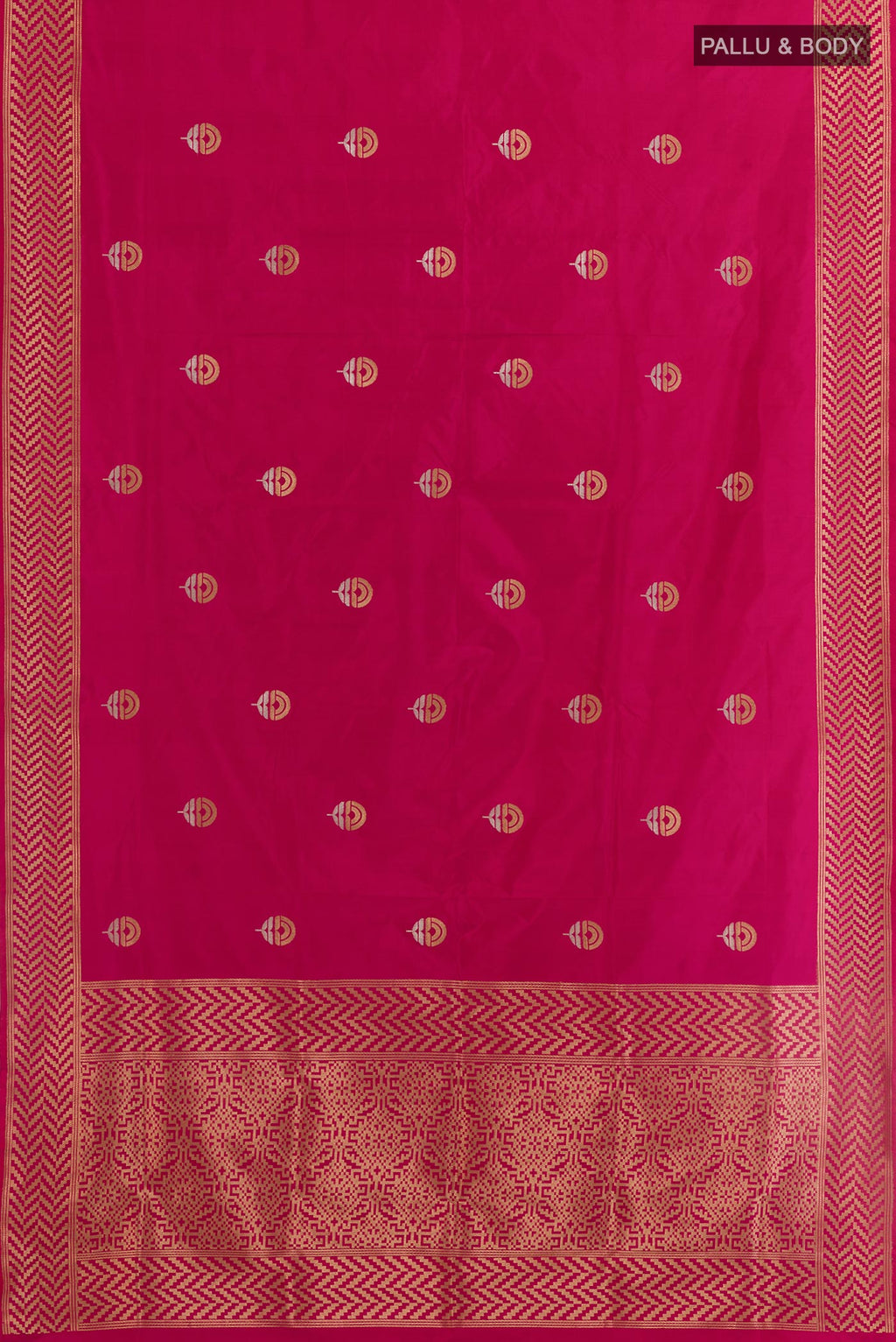 Flat view of Pink Banarasi Katan Silk Saree with Zari Butta on the body and Zari Border. 