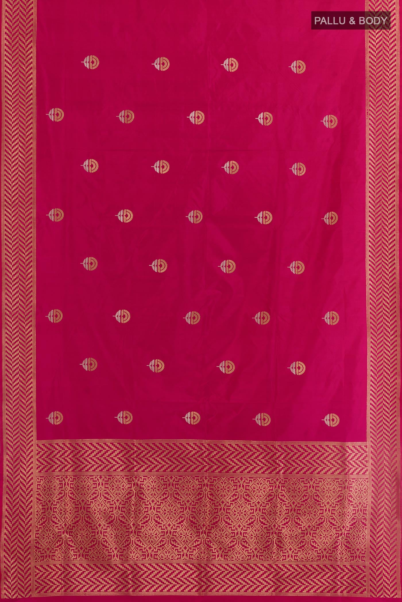 Flat view of Pink Banarasi Katan Silk Saree with Zari Butta on the body and Zari Border. 