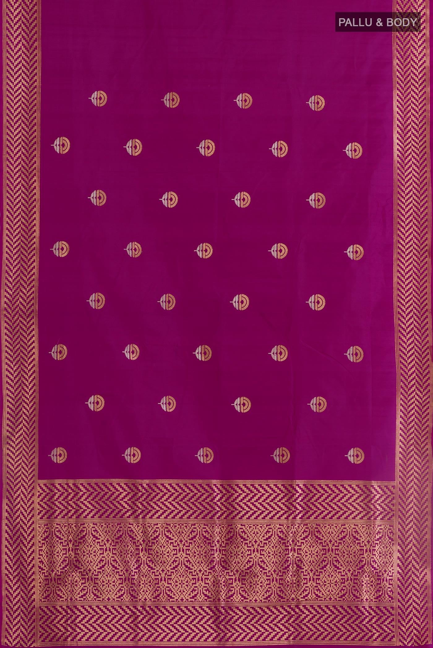 Flat view of Purple Banarasi Katan Silk Saree with Zari Butta on the body and Zari Border. 