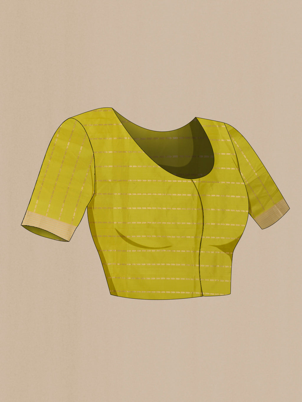 Close up image of the blouse of Yellow Banarasi Silk Saree with Zari Butta on the body and Zari Border. 