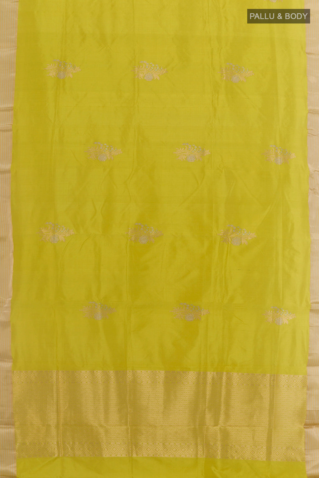 Flat view of Yellow Banarasi Silk Saree with Zari Butta on the body and Zari Border. 