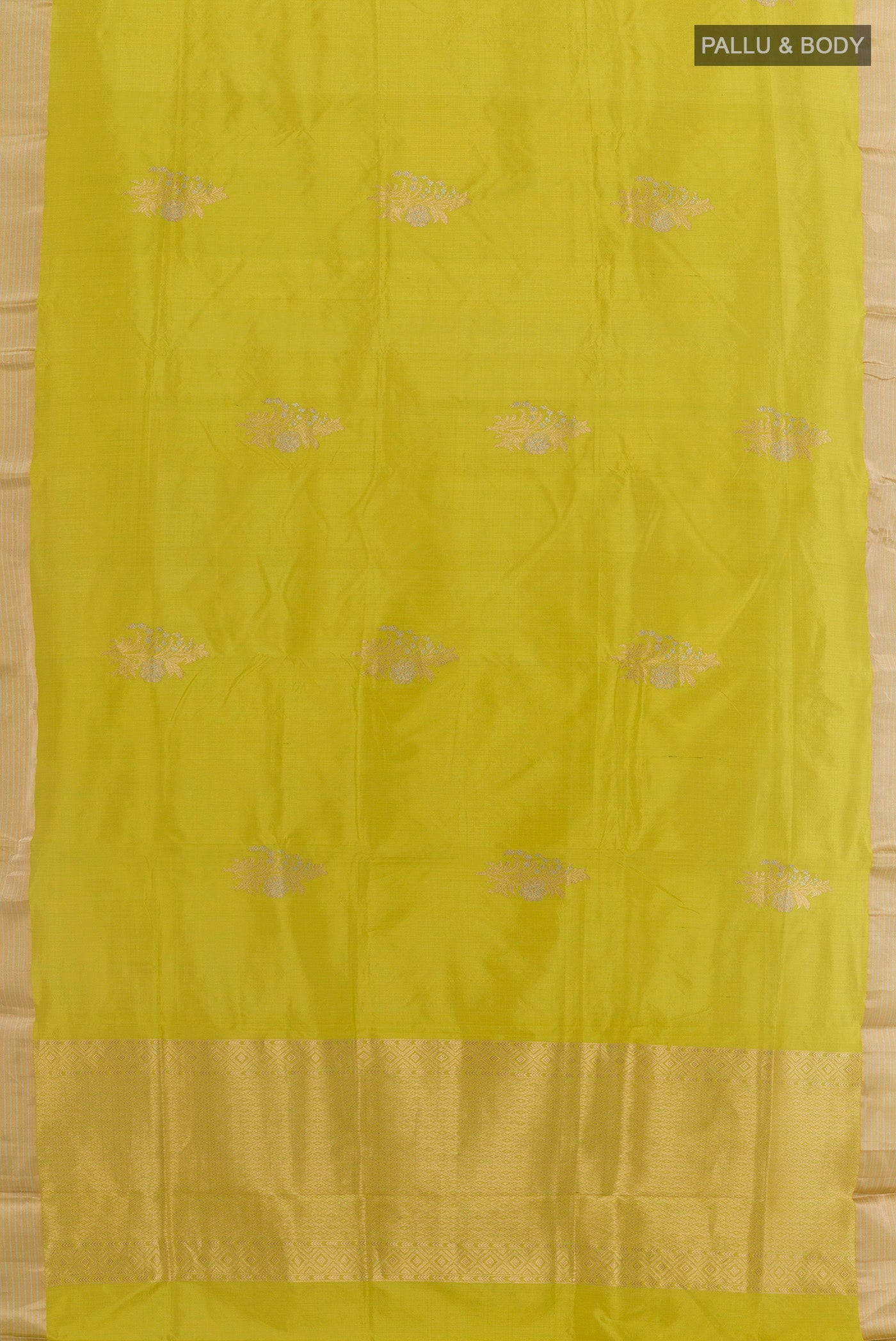 Flat view of Yellow Banarasi Silk Saree with Zari Butta on the body and Zari Border. 