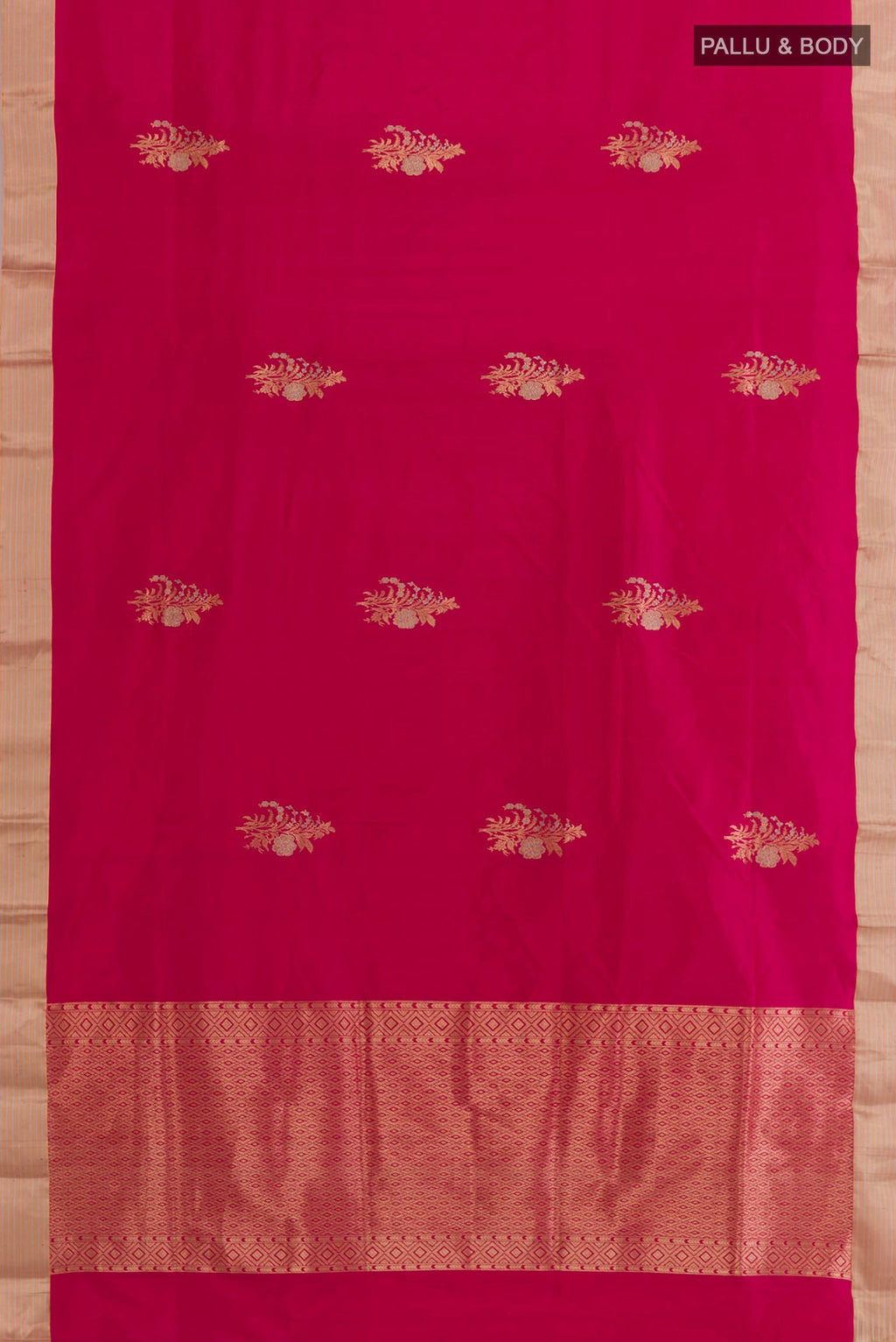 Flat view of Pink Banarasi Silk Saree with Zari Butta on the body and Zari Border. 