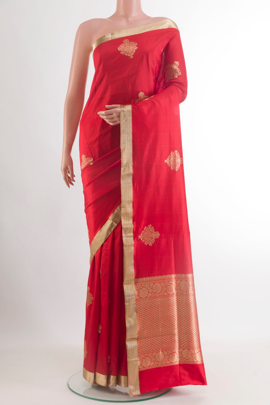 Red Banarasi Katan Silk Saree with Zari Butta on the body and Zari Border.  displayed on a mannequin