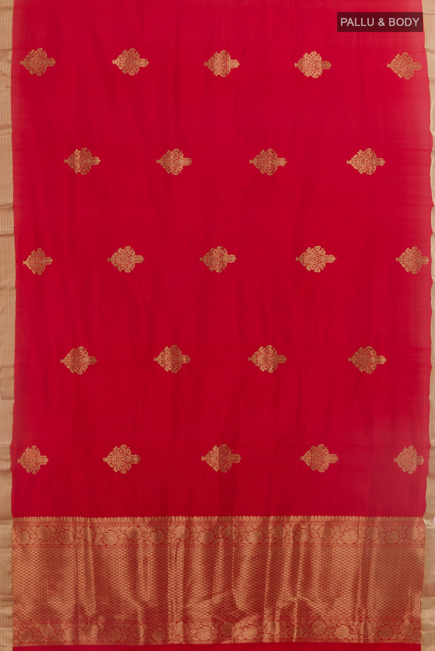 Flat view of Red Banarasi Katan Silk Saree with Zari Butta on the body and Zari Border. 