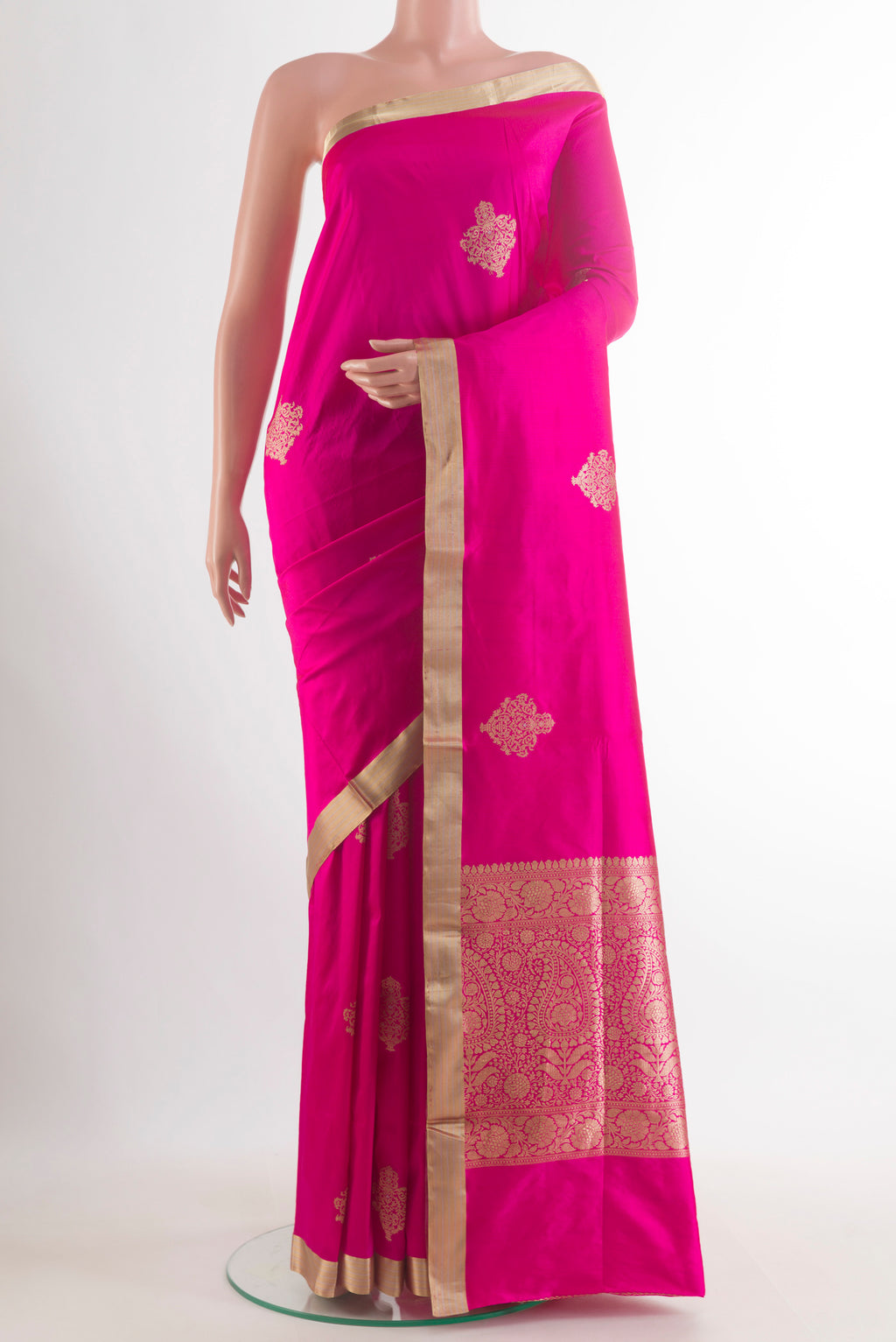 Pure Silk Pink Banarasi Katan Saree with Zari Brocade on the body and Zari Border.  displayed on a mannequin