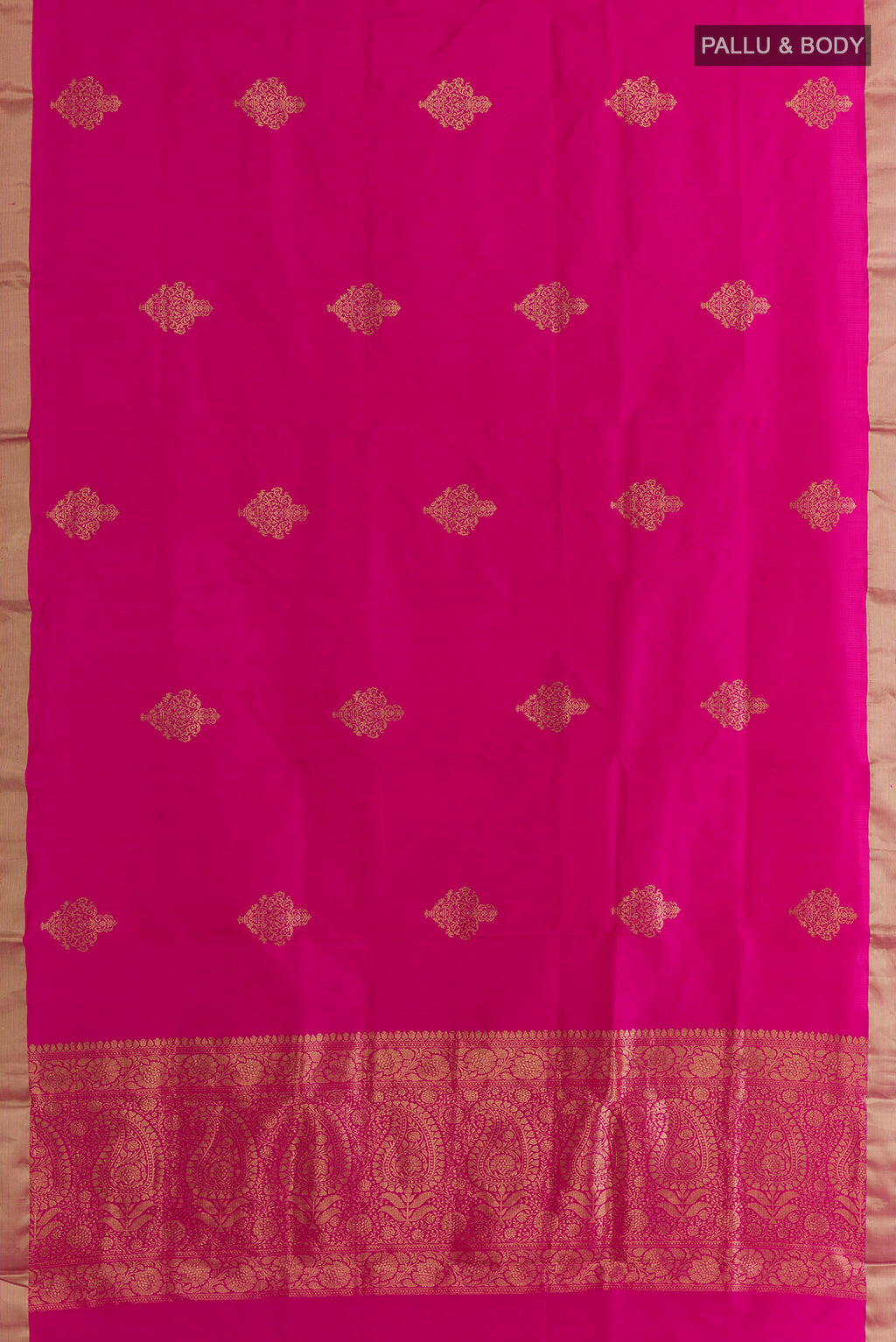 Flat view of Pure Silk Pink Banarasi Katan Saree with Zari Brocade on the body and Zari Border. 