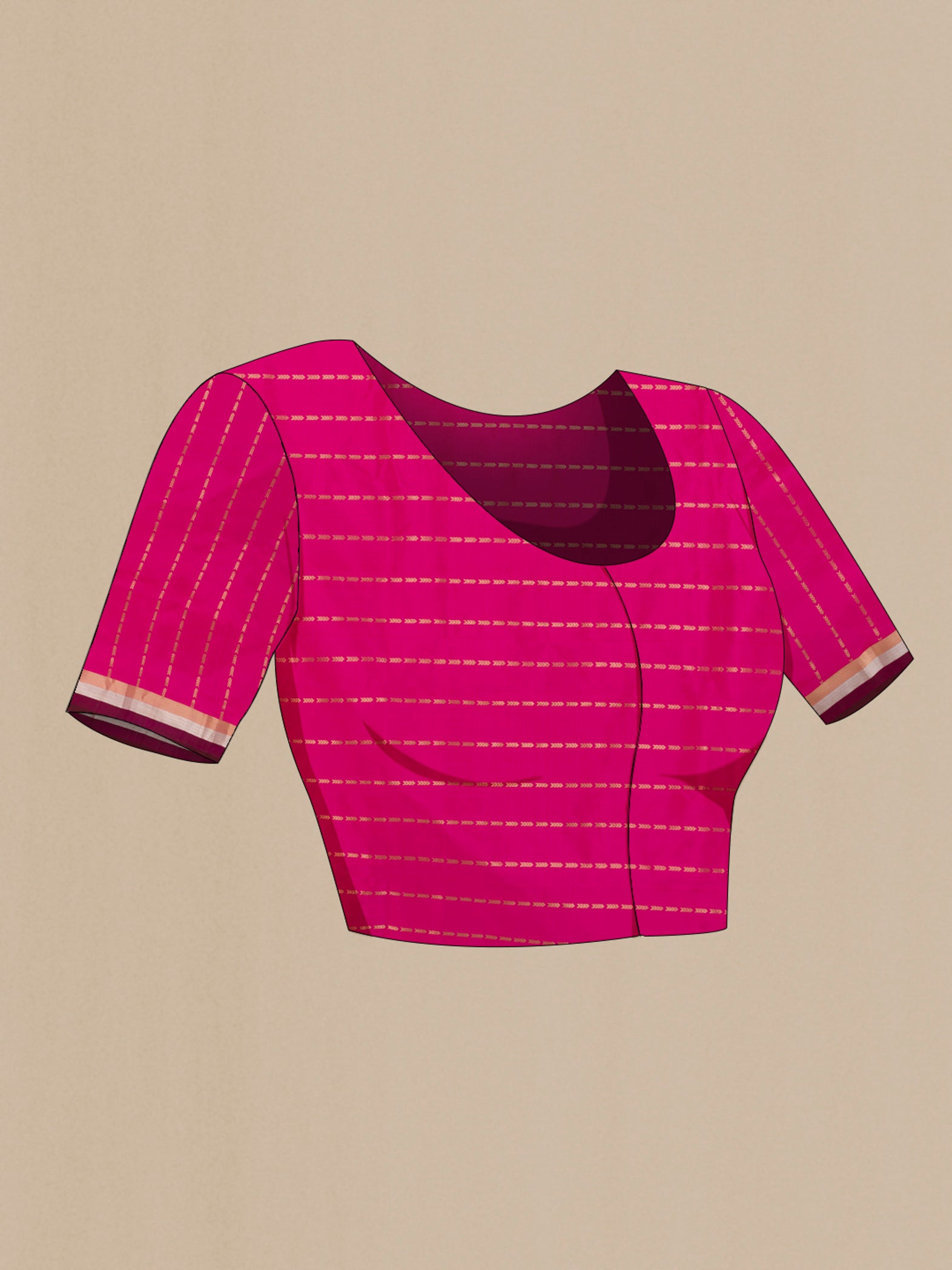 Close up image of the blouse of Pink Banarasi Silk Saree with Zari Butta on the body and Zari Border. 