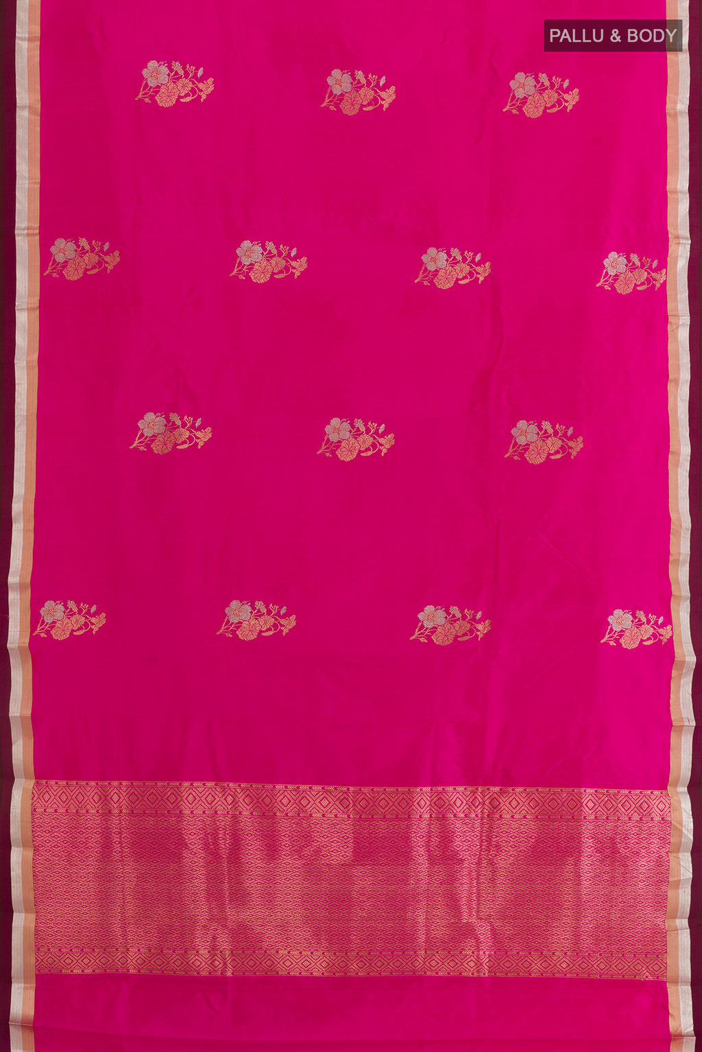 Flat view of Pink Banarasi Silk Saree with Zari Butta on the body and Zari Border. 