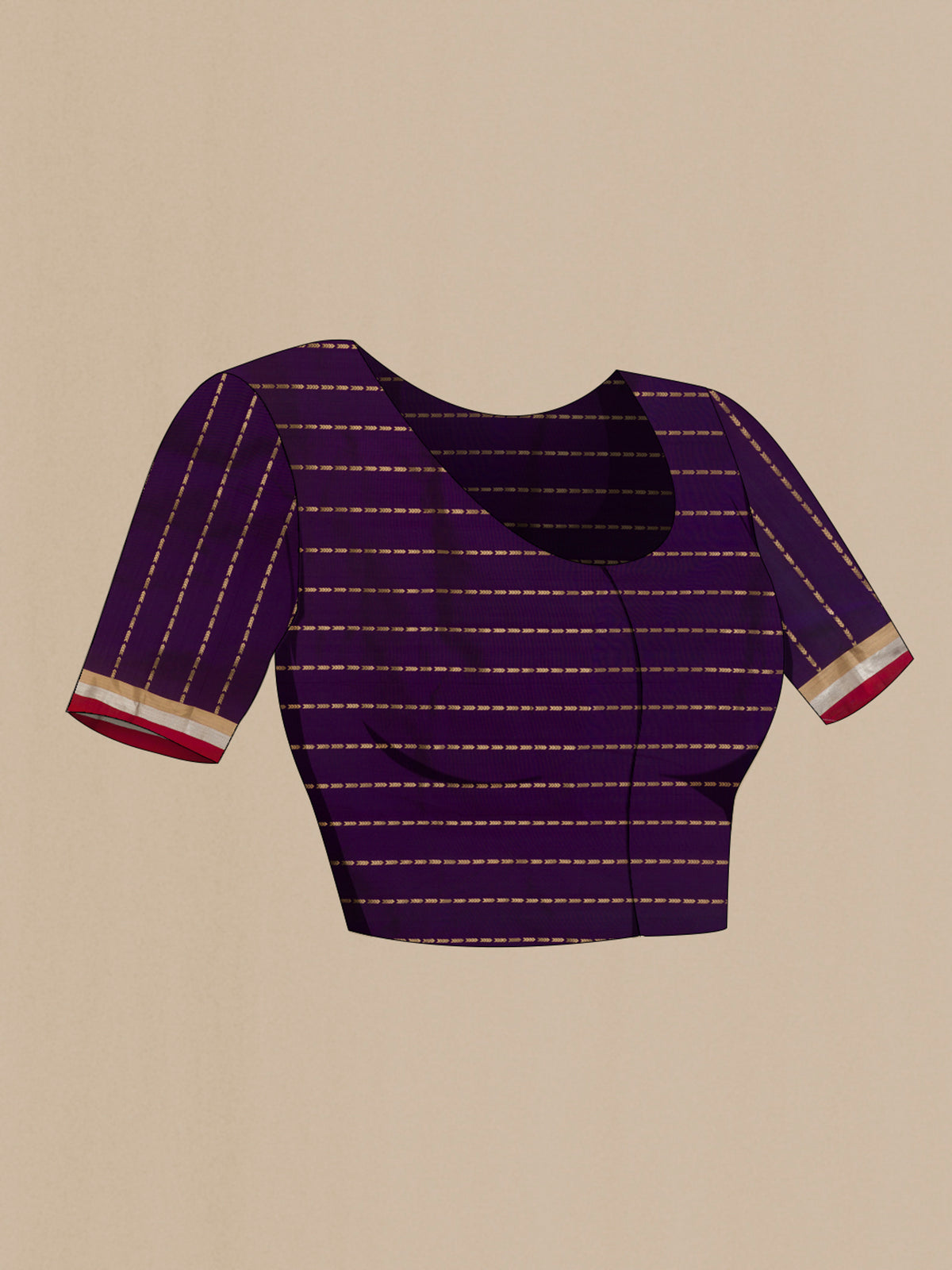 Close up image of the blouse of Purple Banarasi Silk Saree with Zari Butta on the body and Zari Border. 