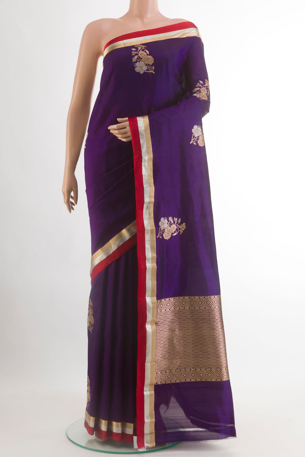 Purple Banarasi Silk Saree with Zari Butta on the body and Zari Border.  displayed on a mannequin