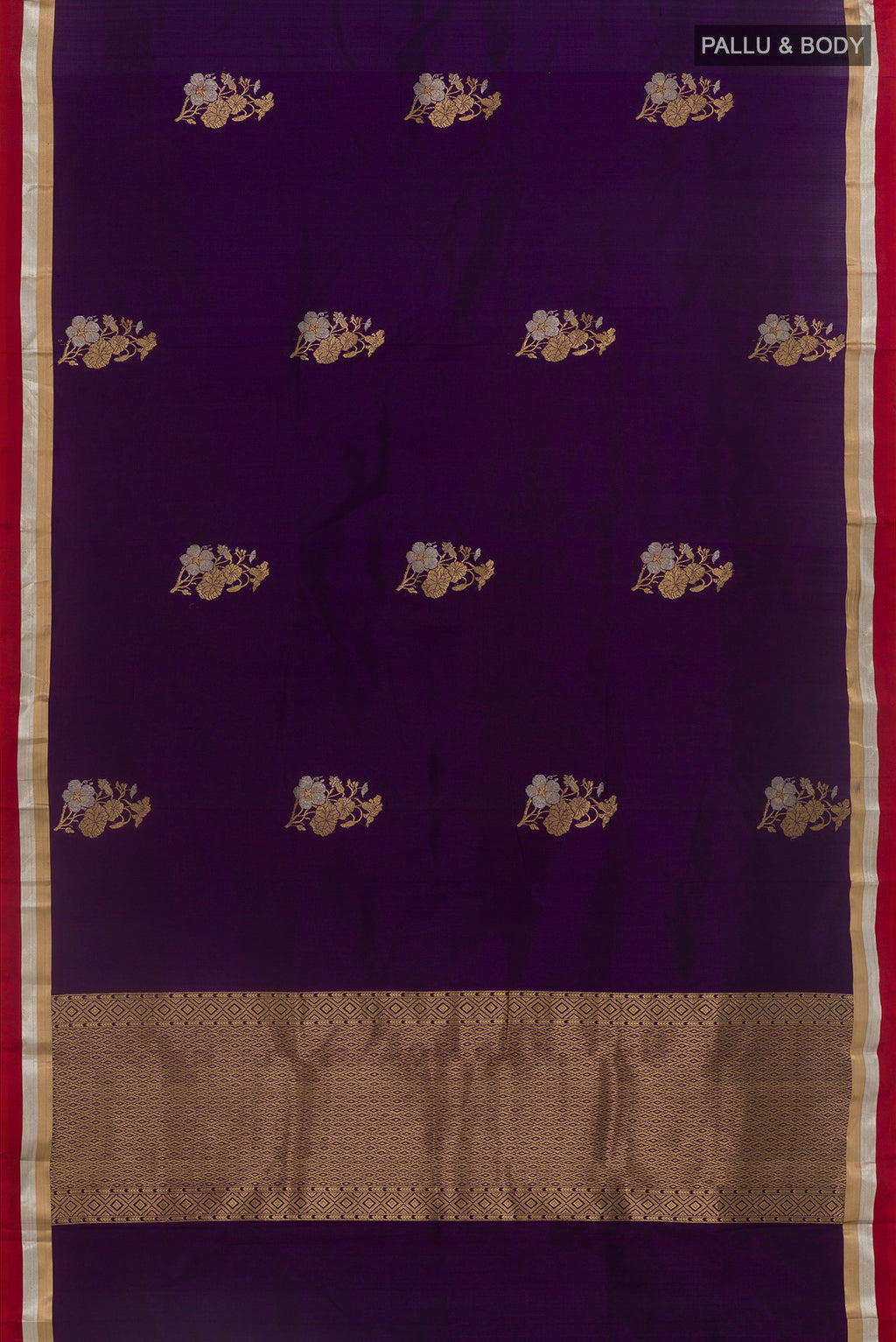 Flat view of Purple Banarasi Silk Saree with Zari Butta on the body and Zari Border. 