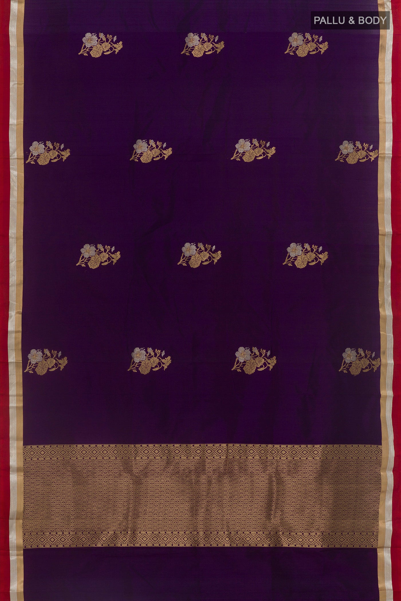 Flat view of Purple Banarasi Silk Saree with Zari Butta on the body and Zari Border. 