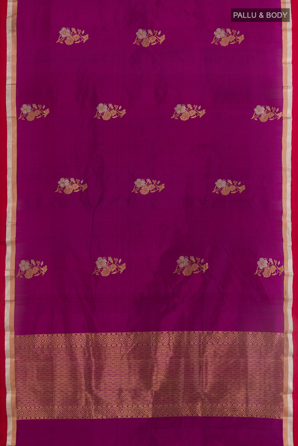 Flat view of Purple Banarasi Katan Silk Saree with Zari Butta on the body and Zari Border. 