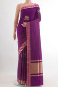 Purple Banarasi Silk Saree with Zari Butta on the body and Zari Border.  displayed on a mannequin