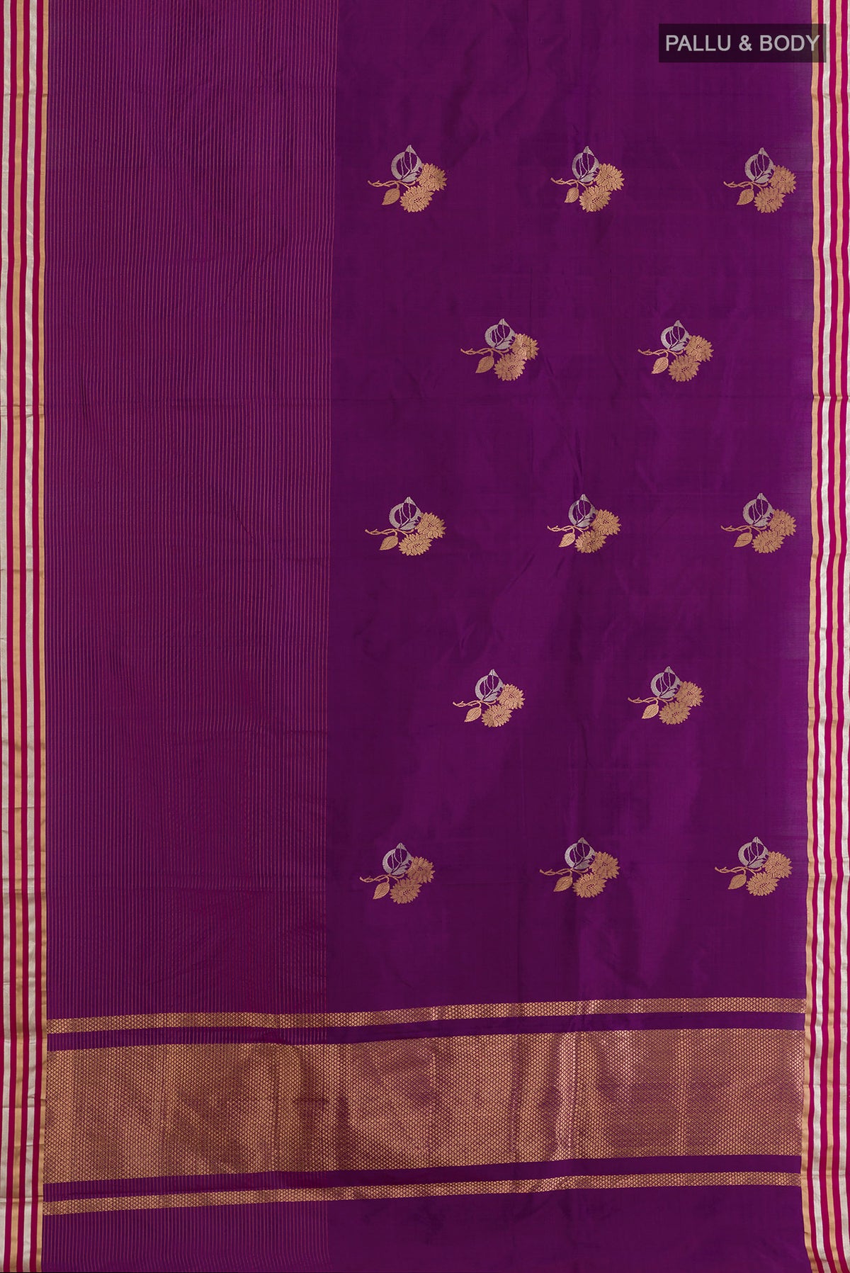 Flat view of Purple Banarasi Silk Saree with Zari Butta on the body and Zari Border. 