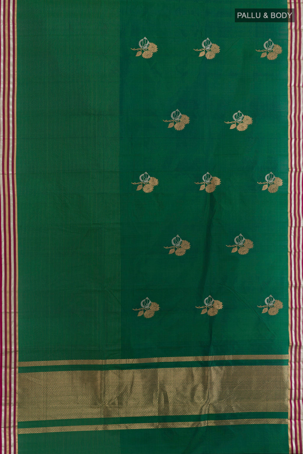 Flat view of Green Banarasi Silk Saree with Zari Butta on the body and Zari Border. 