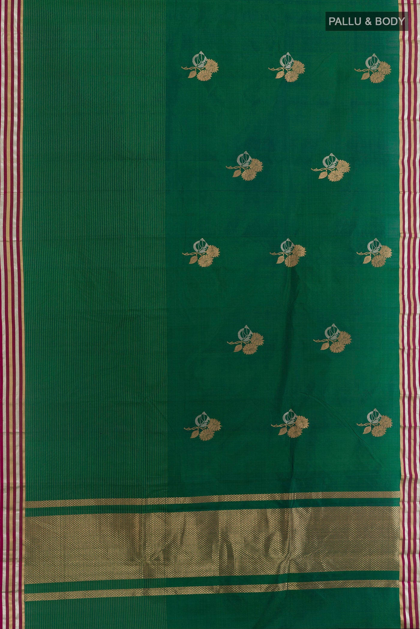 Flat view of Green Banarasi Silk Saree with Zari Butta on the body and Zari Border. 