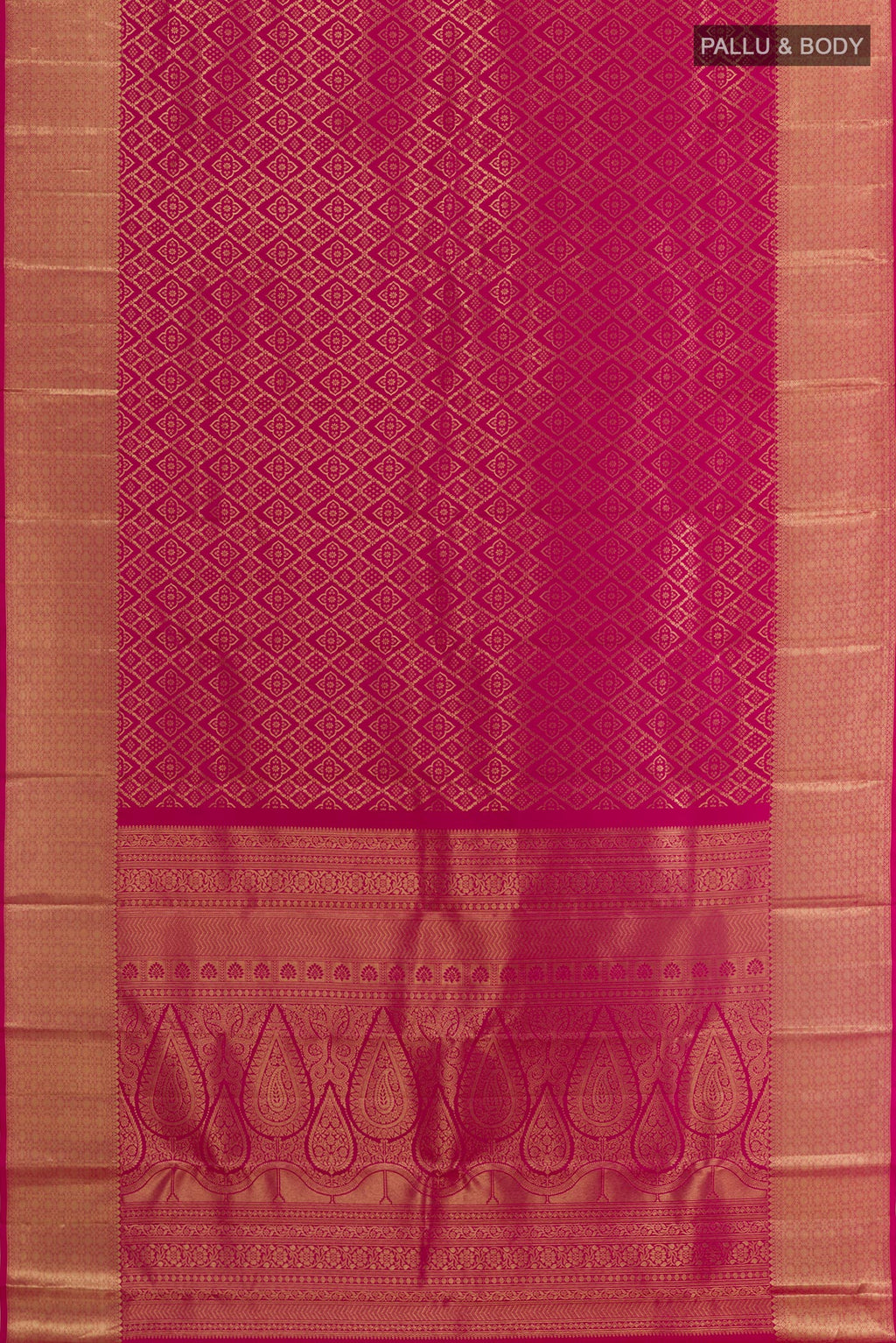 Flat view of Rani Pink Kanchipuram Silk Saree with Zari Brocade on the body and Zari Border. 