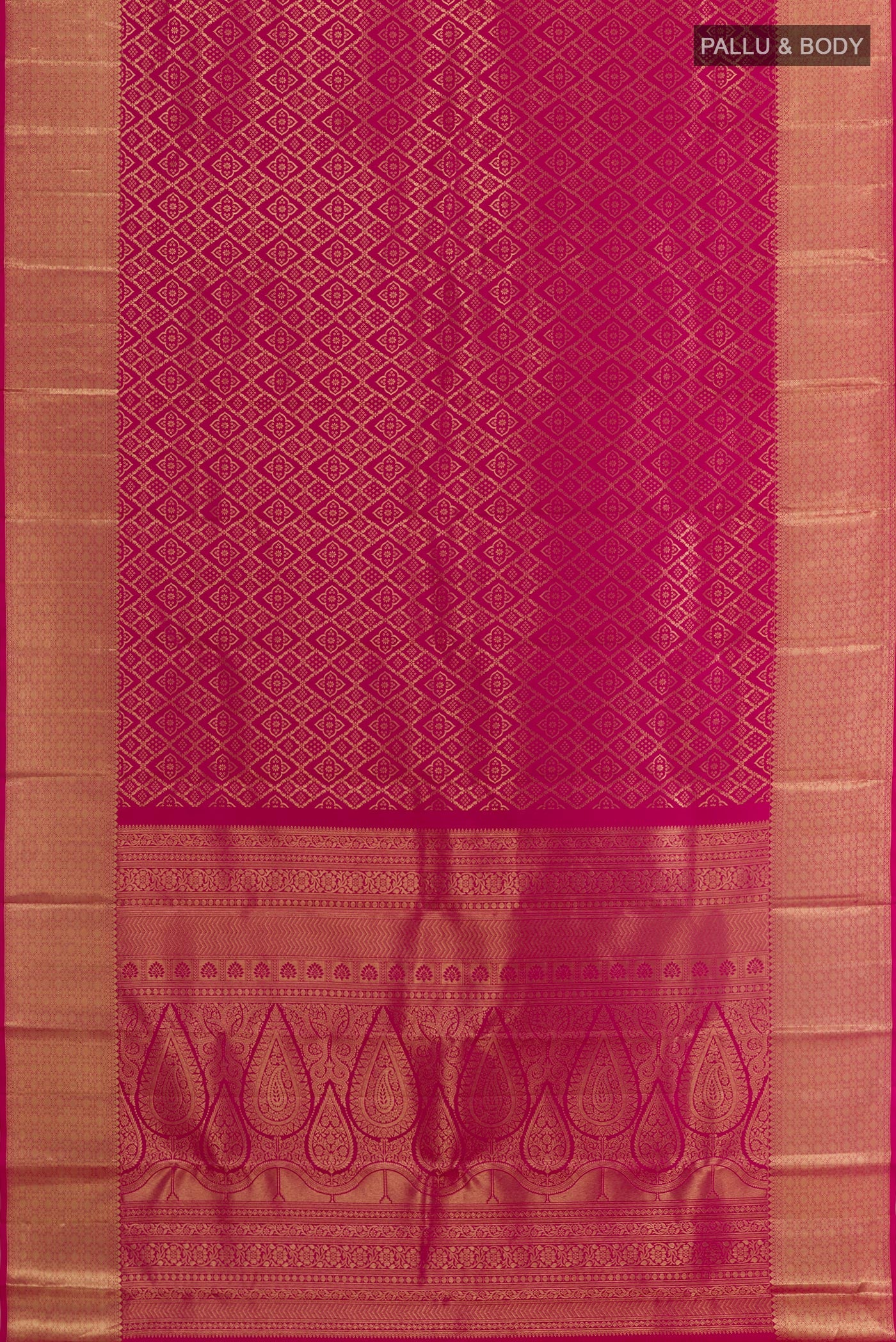 Flat view of Rani Pink Kanchipuram Silk Saree with Zari Brocade on the body and Zari Border. 