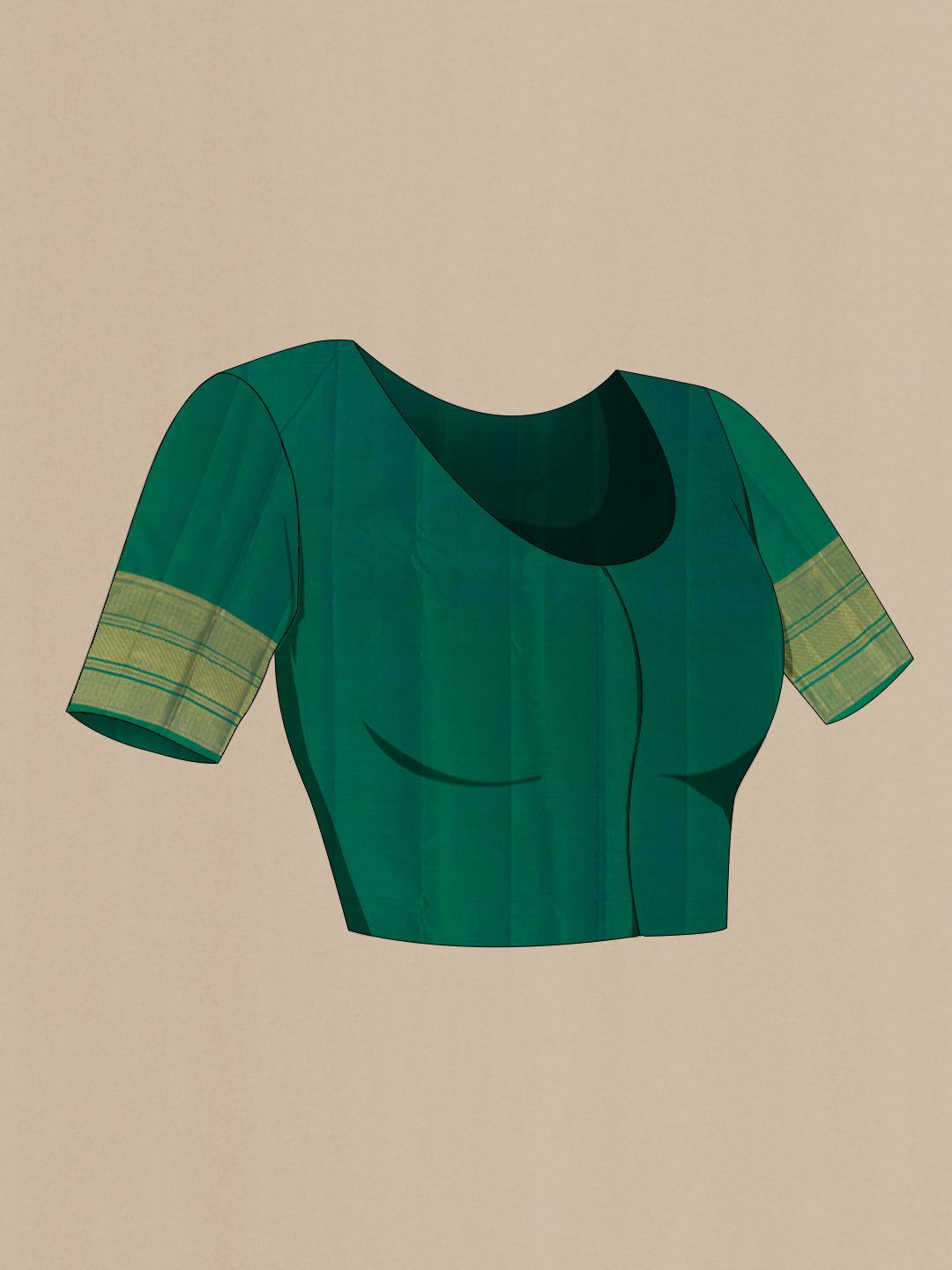 Close up image of the blouse of Green with Blue Color Kanchipuram Silk Saree with Zari Brocade on the body and Zari Border. 