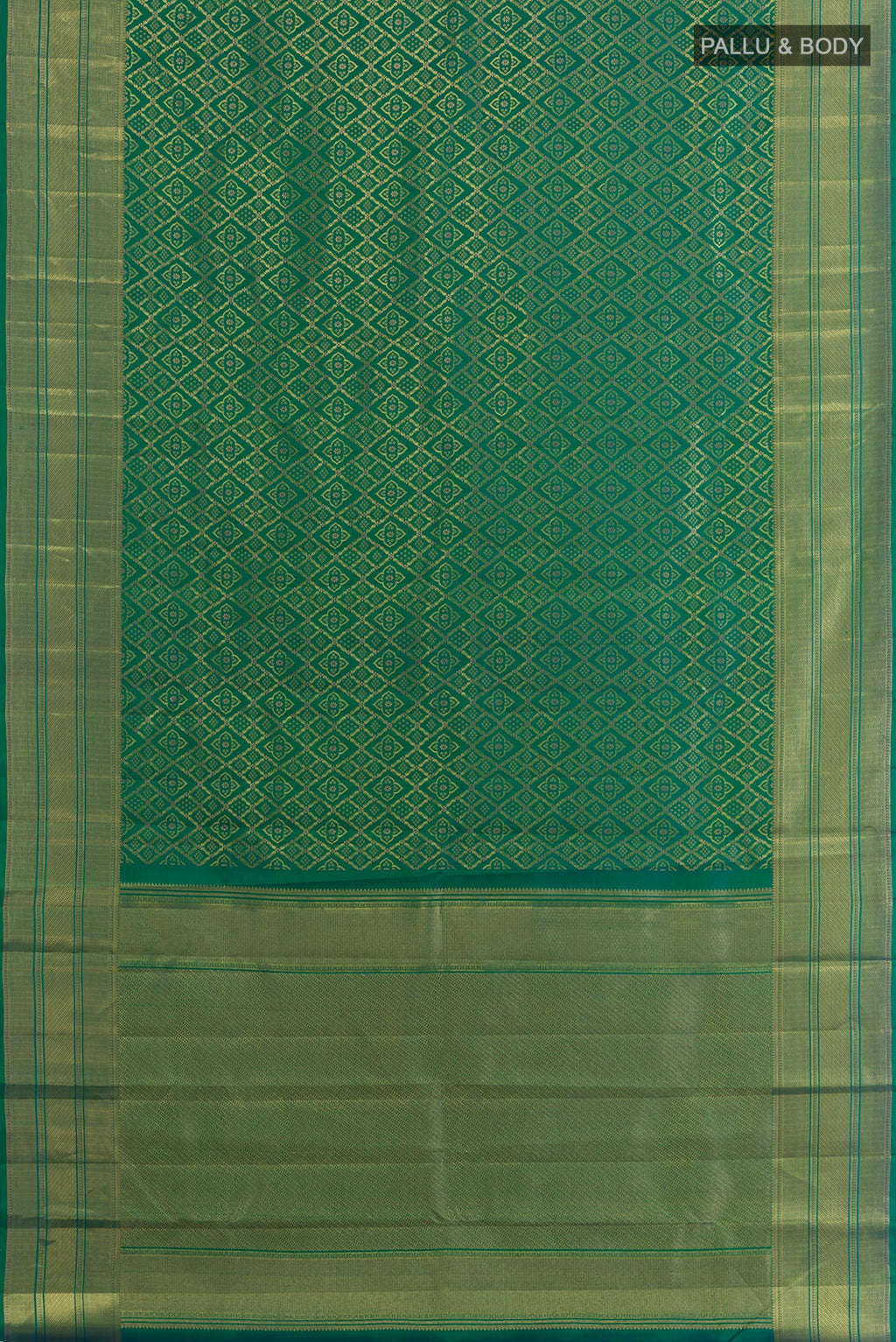 Flat view of Green with Blue Color Kanchipuram Silk Saree with Zari Brocade on the body and Zari Border. 