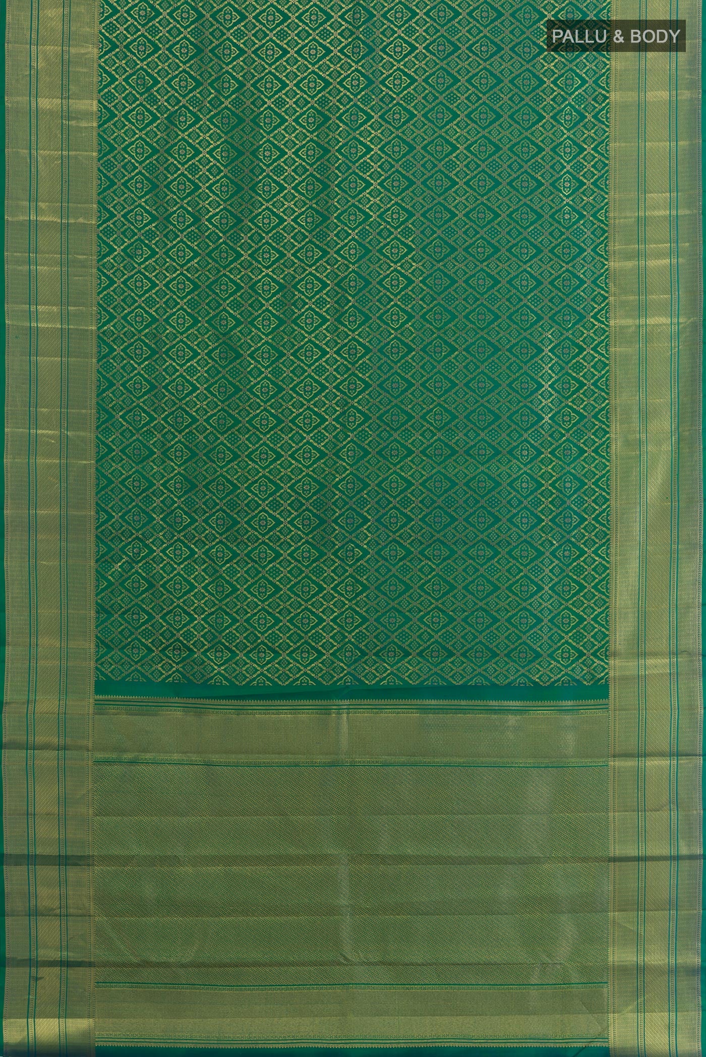 Flat view of Green with Blue Color Kanchipuram Silk Saree with Zari Brocade on the body and Zari Border. 