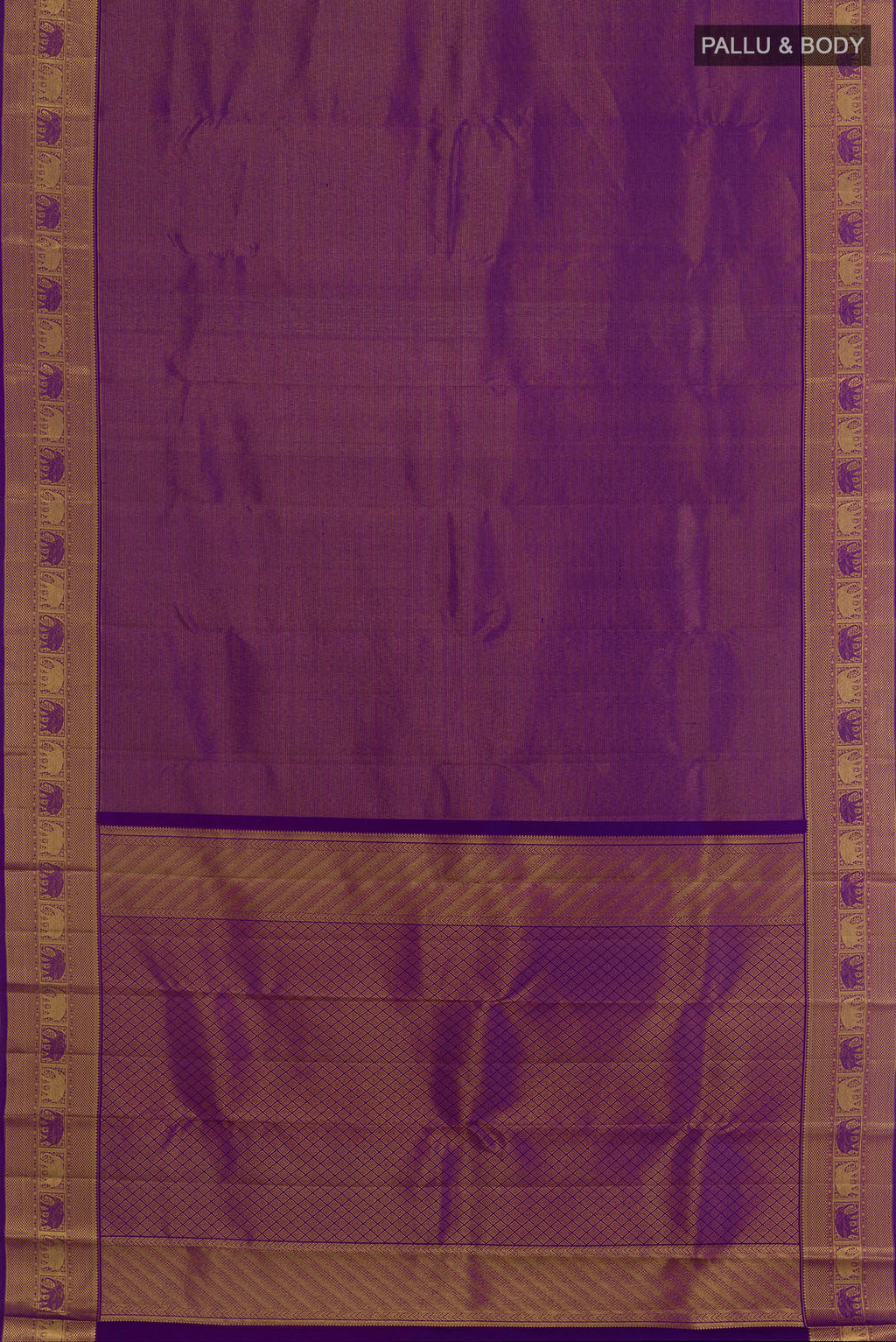 Flat view of Violet Kanchipuram Silk Saree with Zari Brocade on the body and Zari Border. 