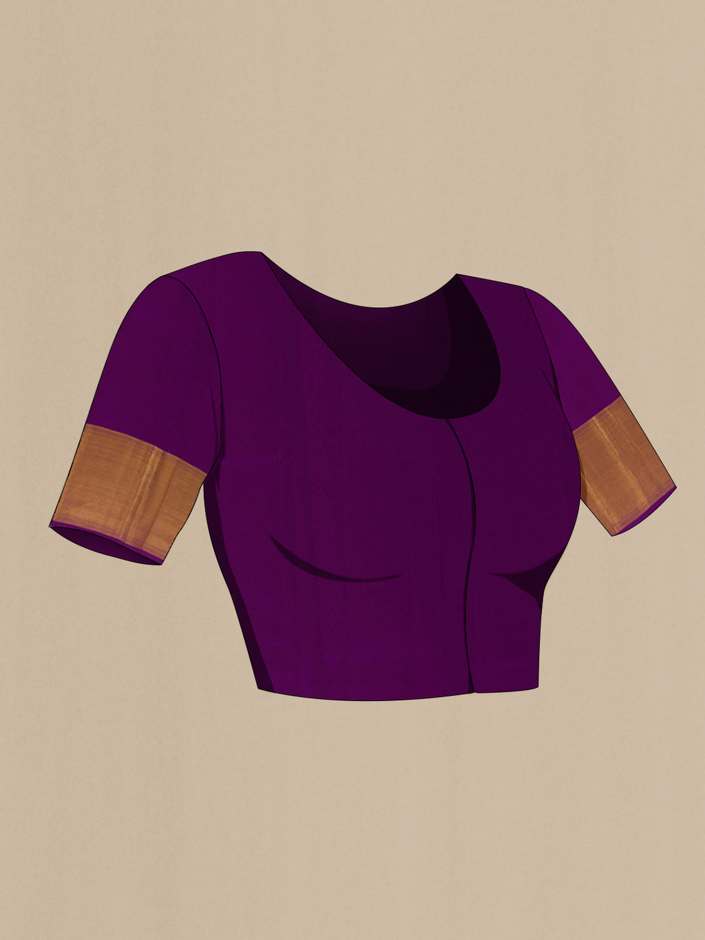 Close up image of the blouse of Purple Kanjivaram Silk Saree with Zari Brocade on the body and Zari Border. 
