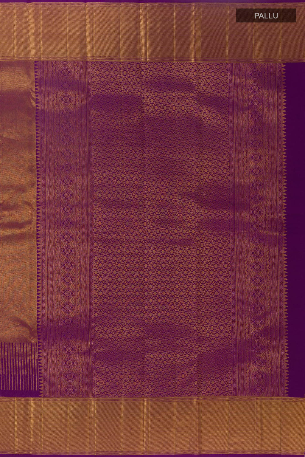 Close up image of the pallu of Purple Kanjivaram Silk Saree with Zari Brocade on the body and Zari Border. 