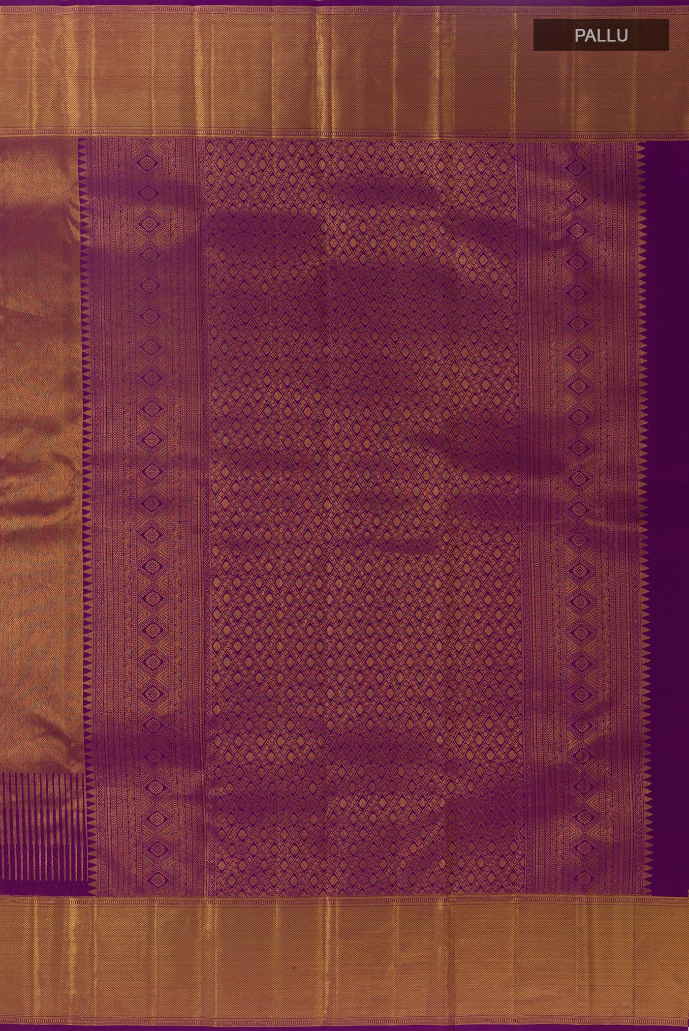 Close up image of the pallu of Purple Kanjivaram Silk Saree with Zari Brocade on the body and Zari Border. 