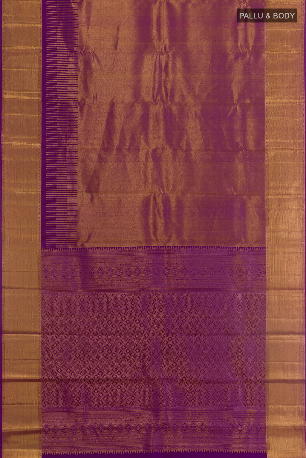 Flat view of Purple Kanjivaram Silk Saree with Zari Brocade on the body and Zari Border. 