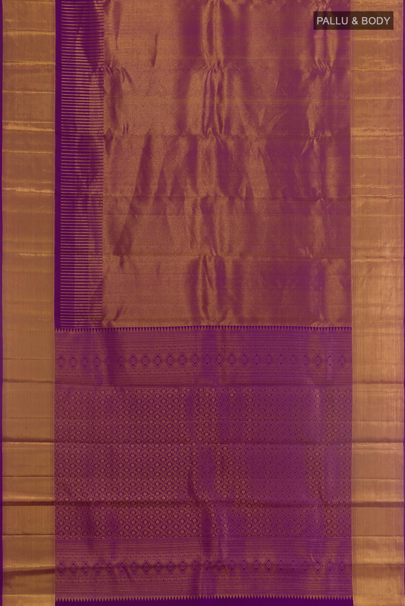 Flat view of Purple Kanjivaram Silk Saree with Zari Brocade on the body and Zari Border. 