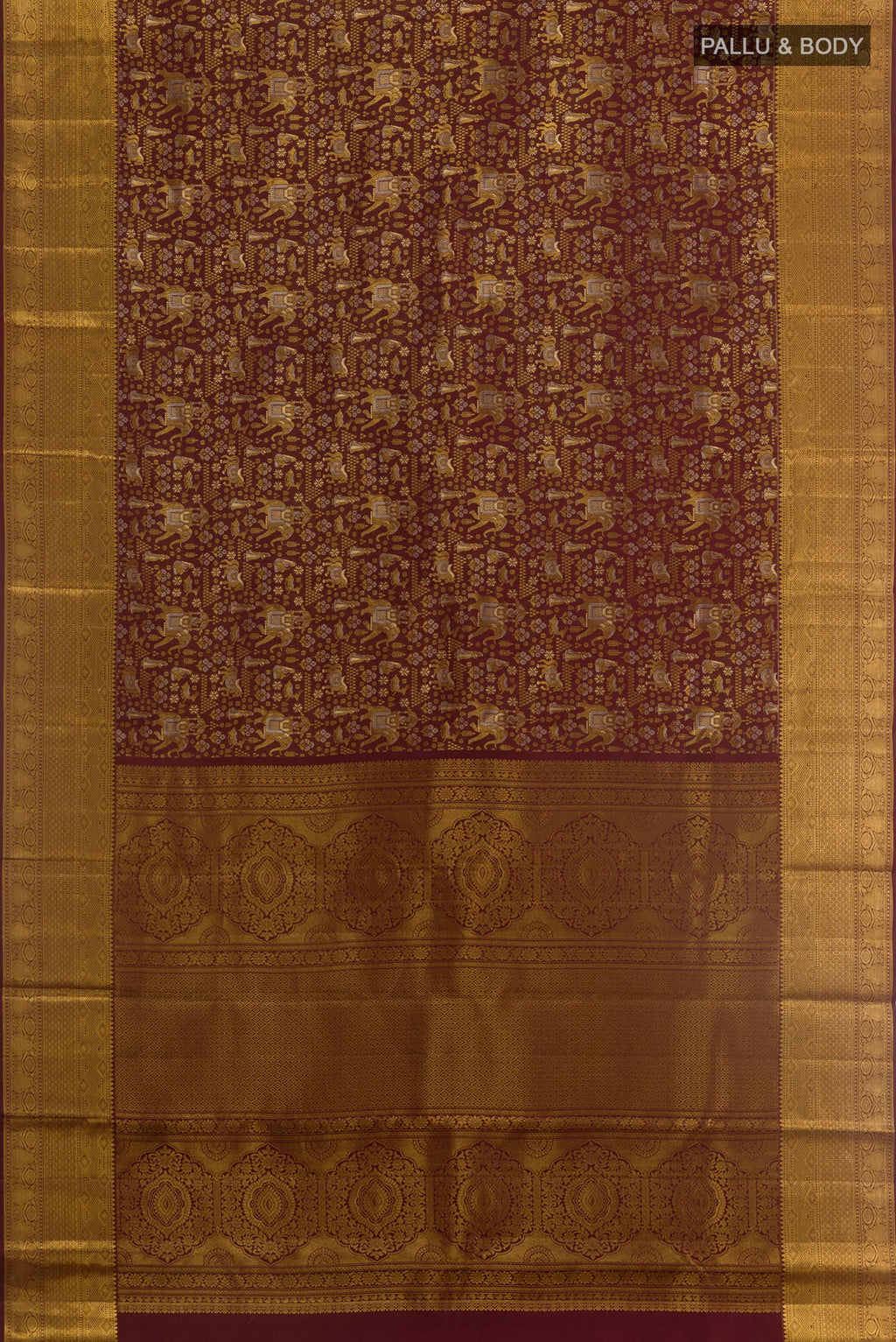Flat view of Brown Kanjivaram Silk Saree with Zari Brocade on the body and Zari Border. 