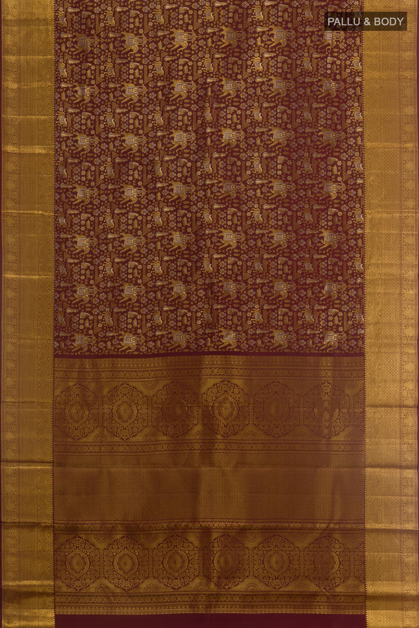 Flat view of Brown Kanjivaram Silk Saree with Zari Brocade on the body and Zari Border. 