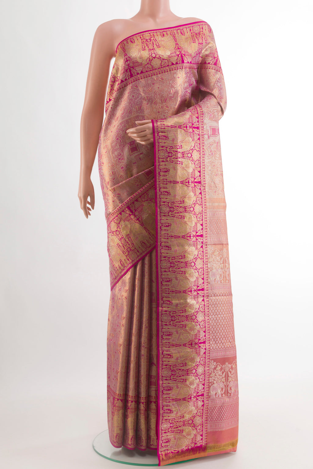 Rose Gold Dual Tone Kanchipuram Tissue Silk Saree with Zari Brocade on the body and Zari Border.  displayed on a mannequin