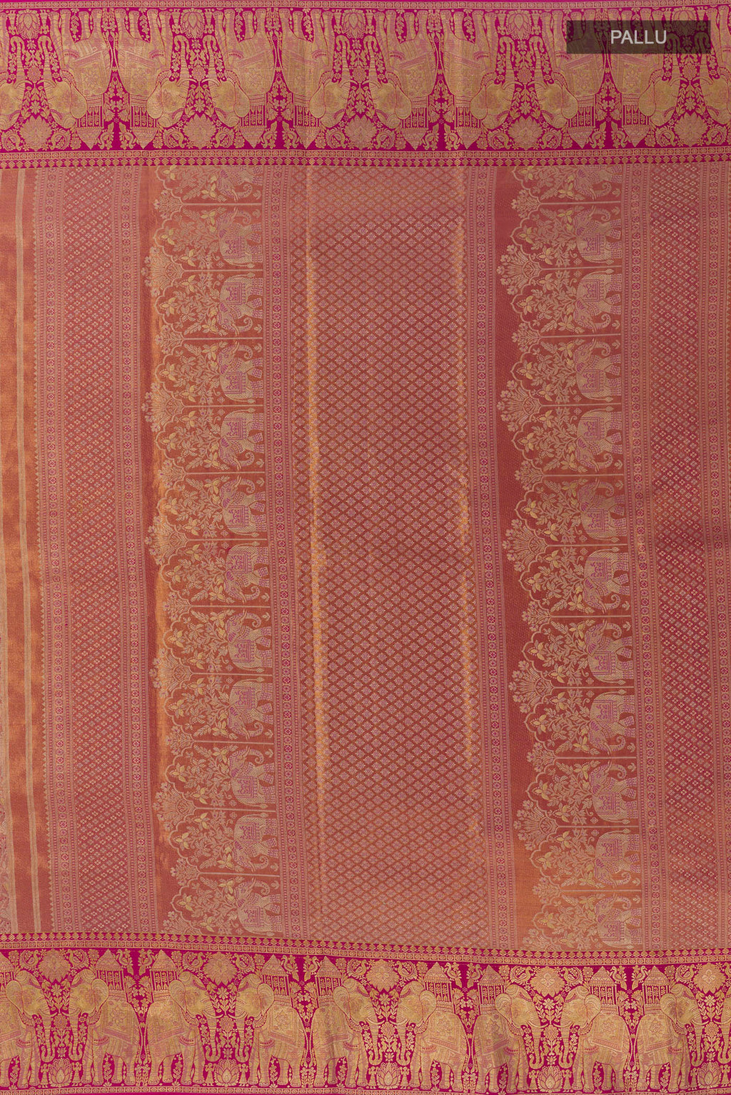 Close up image of the pallu of Rose Gold Dual Tone Kanchipuram Tissue Silk Saree with Zari Brocade on the body and Zari Border. 