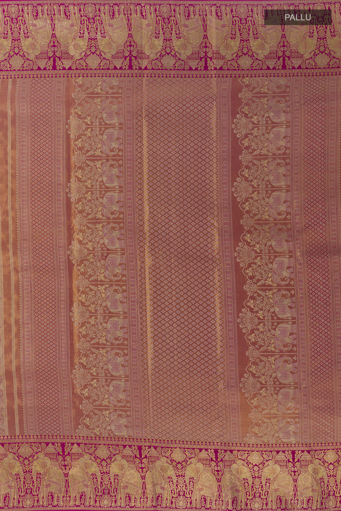 Close up image of the pallu of Rose Gold Dual Tone Kanchipuram Tissue Silk Saree with Zari Brocade on the body and Zari Border. 