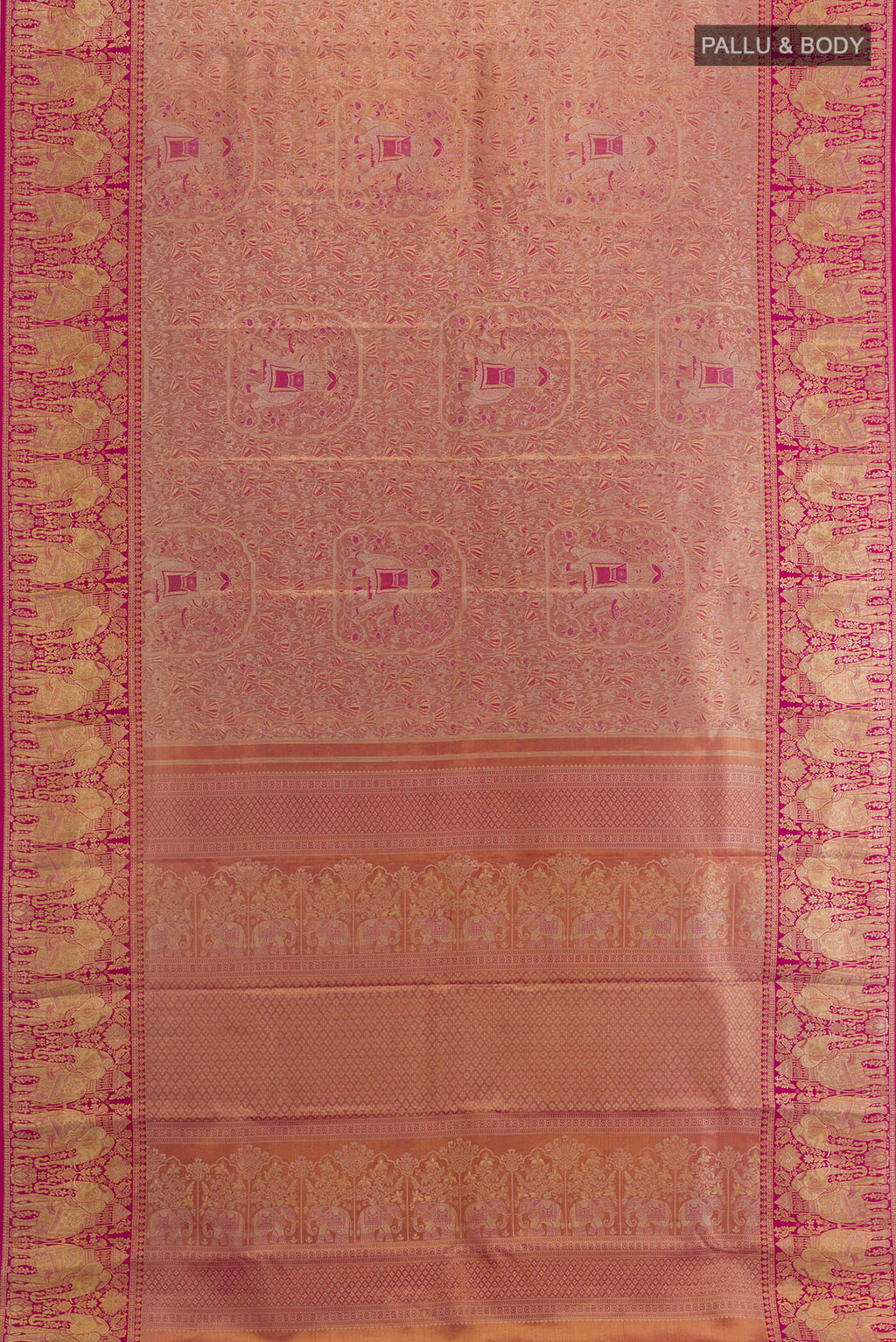 Flat view of Rose Gold Dual Tone Kanchipuram Tissue Silk Saree with Zari Brocade on the body and Zari Border. 