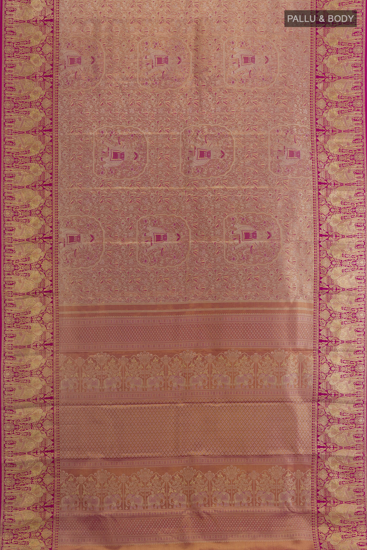 Flat view of Rose Gold Dual Tone Kanchipuram Tissue Silk Saree with Zari Brocade on the body and Zari Border. 