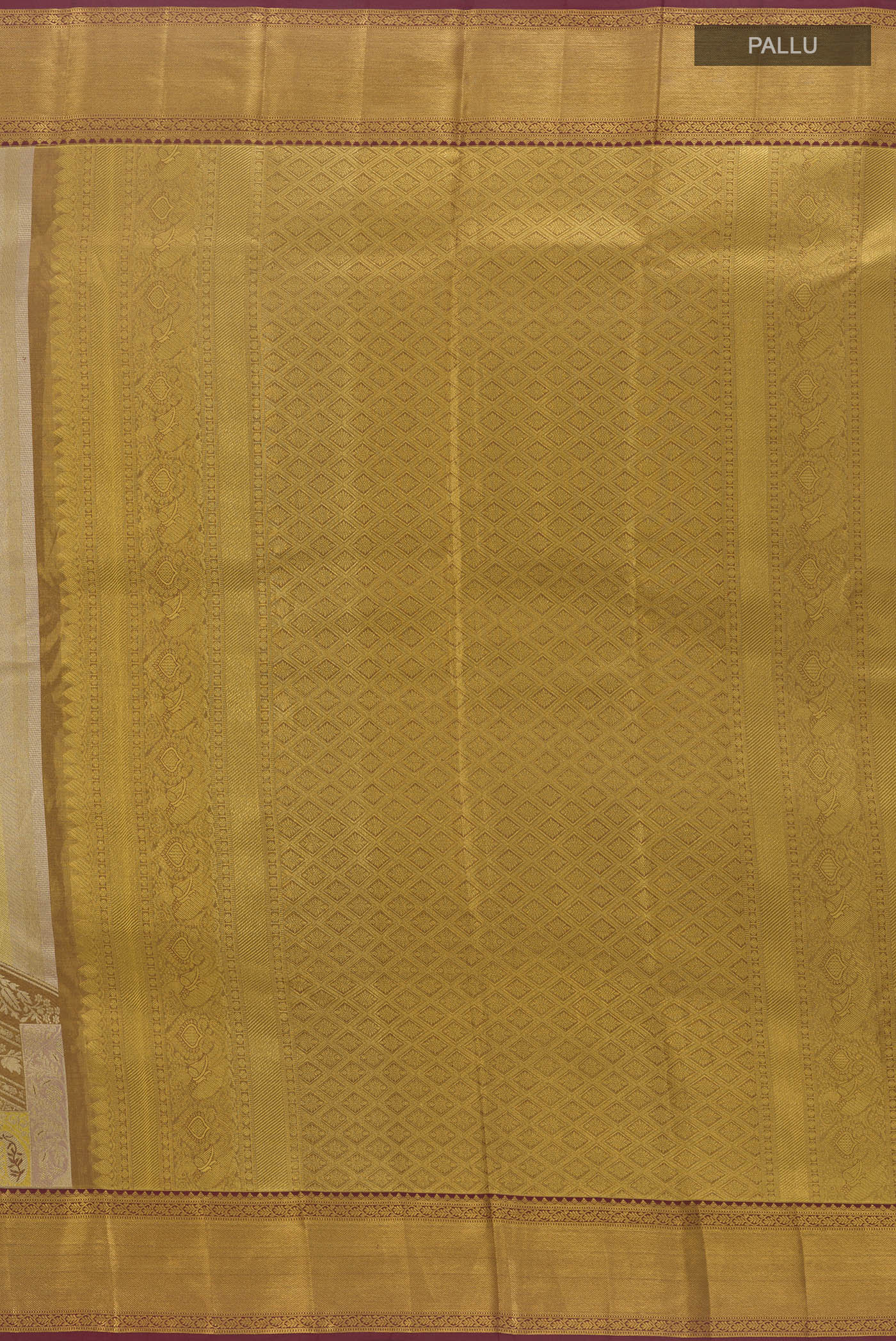 Close up image of the pallu of Grey Kanchipuram Tissue Silk Saree with Zari Brocade on the body and Zari Border. 