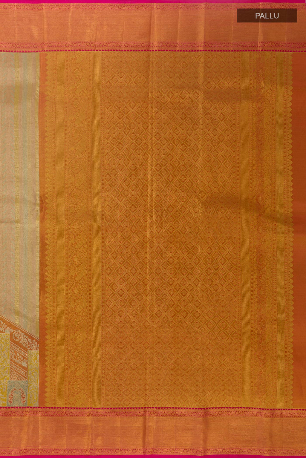 Close up image of the pallu of Multi Color Kanchipuram Tissue Silk Saree with Zari Brocade on the body and Zari Border. 