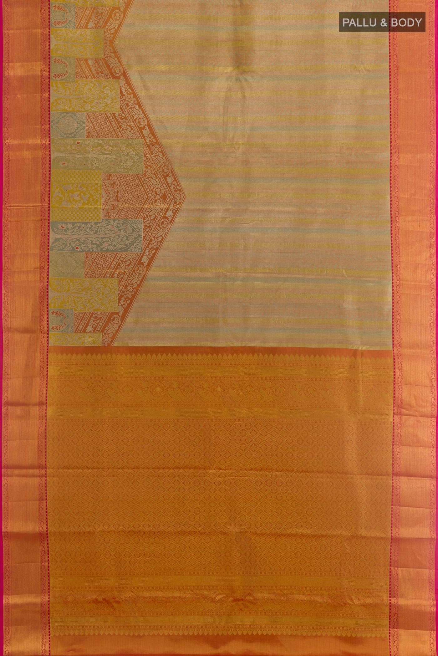 Flat view of Multi Color Kanchipuram Tissue Silk Saree with Zari Brocade on the body and Zari Border. 