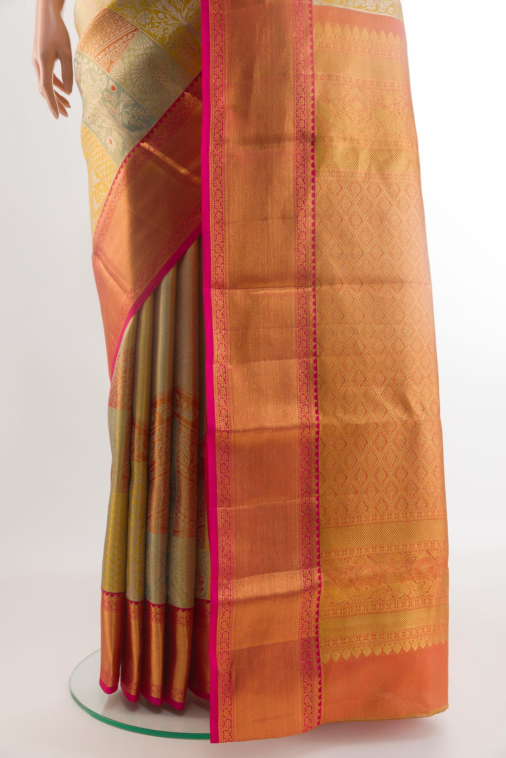 Pleats and pallu of Multi Color Kanchipuram Tissue Silk Saree with Zari Brocade on the body and Zari Border. 