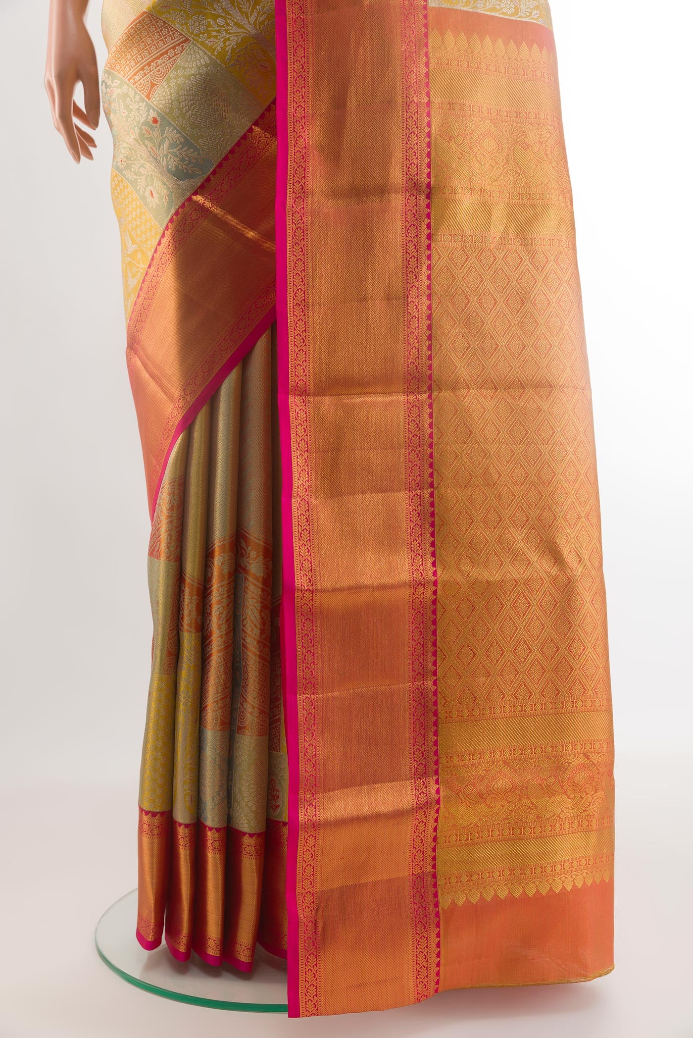 Pleats and pallu of Multi Color Kanchipuram Tissue Silk Saree with Zari Brocade on the body and Zari Border. 
