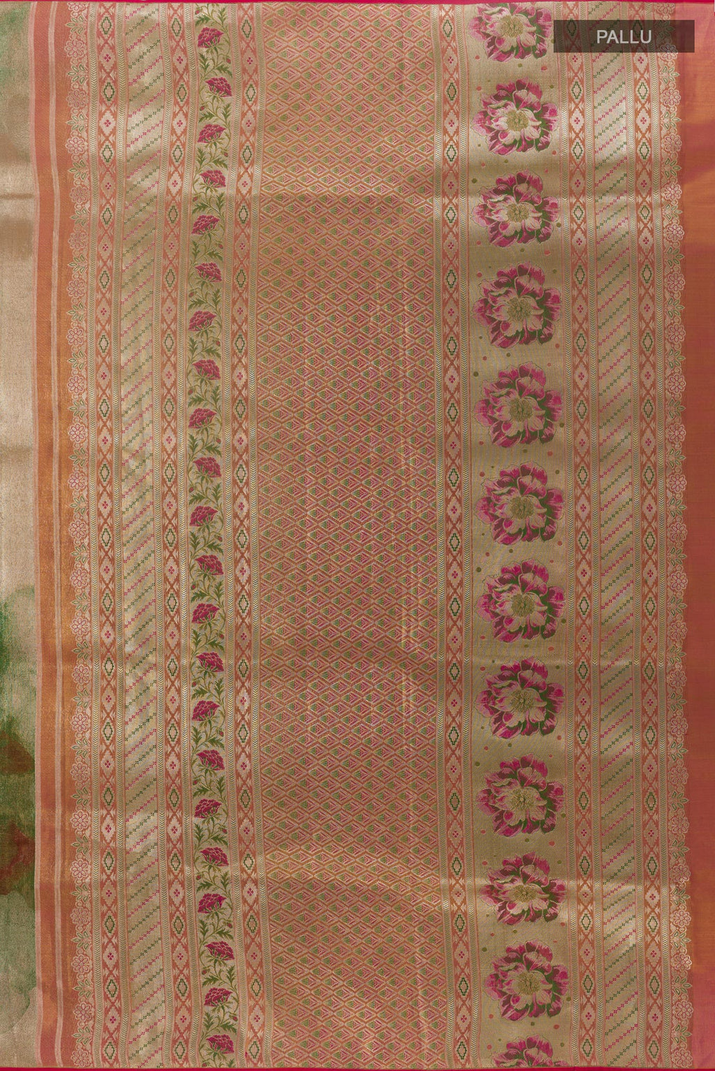 Close up image of the pallu of Green Kanjivaram Tissue Silk Saree with Zari Brocade on the body and Zari Border. 